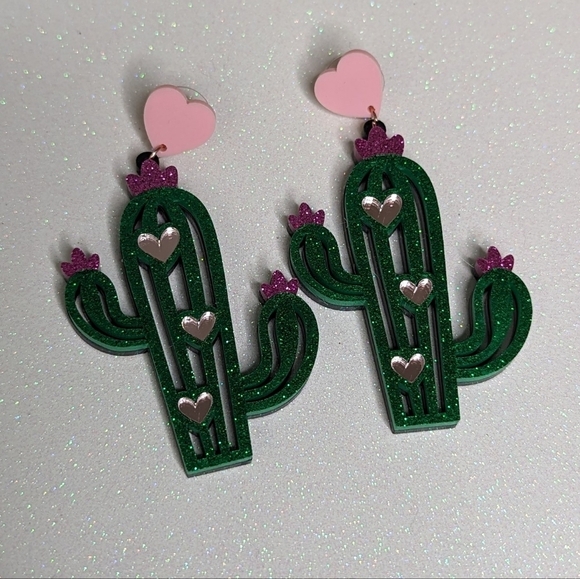 Cactus Valentine's Day Pink Glitter Heart Drop Earrings - Picture 3 of 5